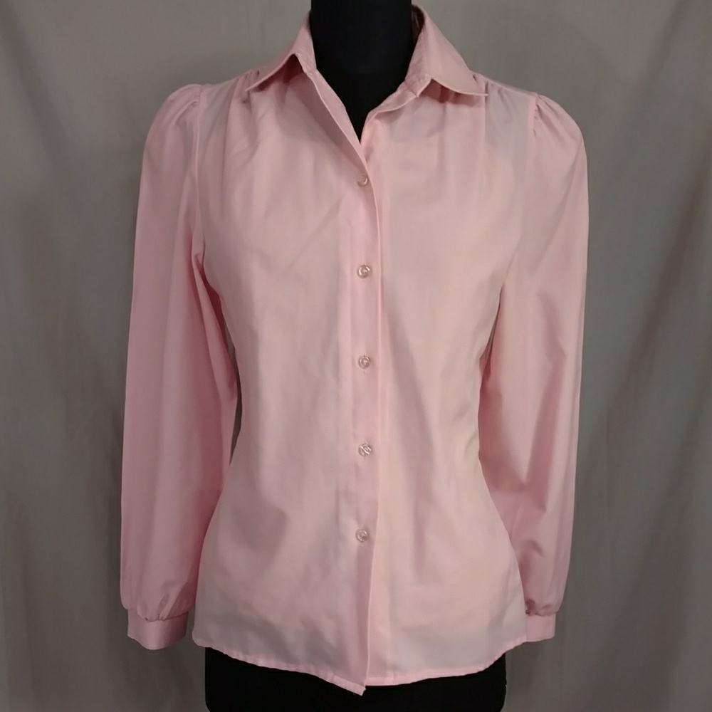 Vintage Pink Blouse Candy 70s USA Made Blush Long Sleeve Puff Seventies Feminine